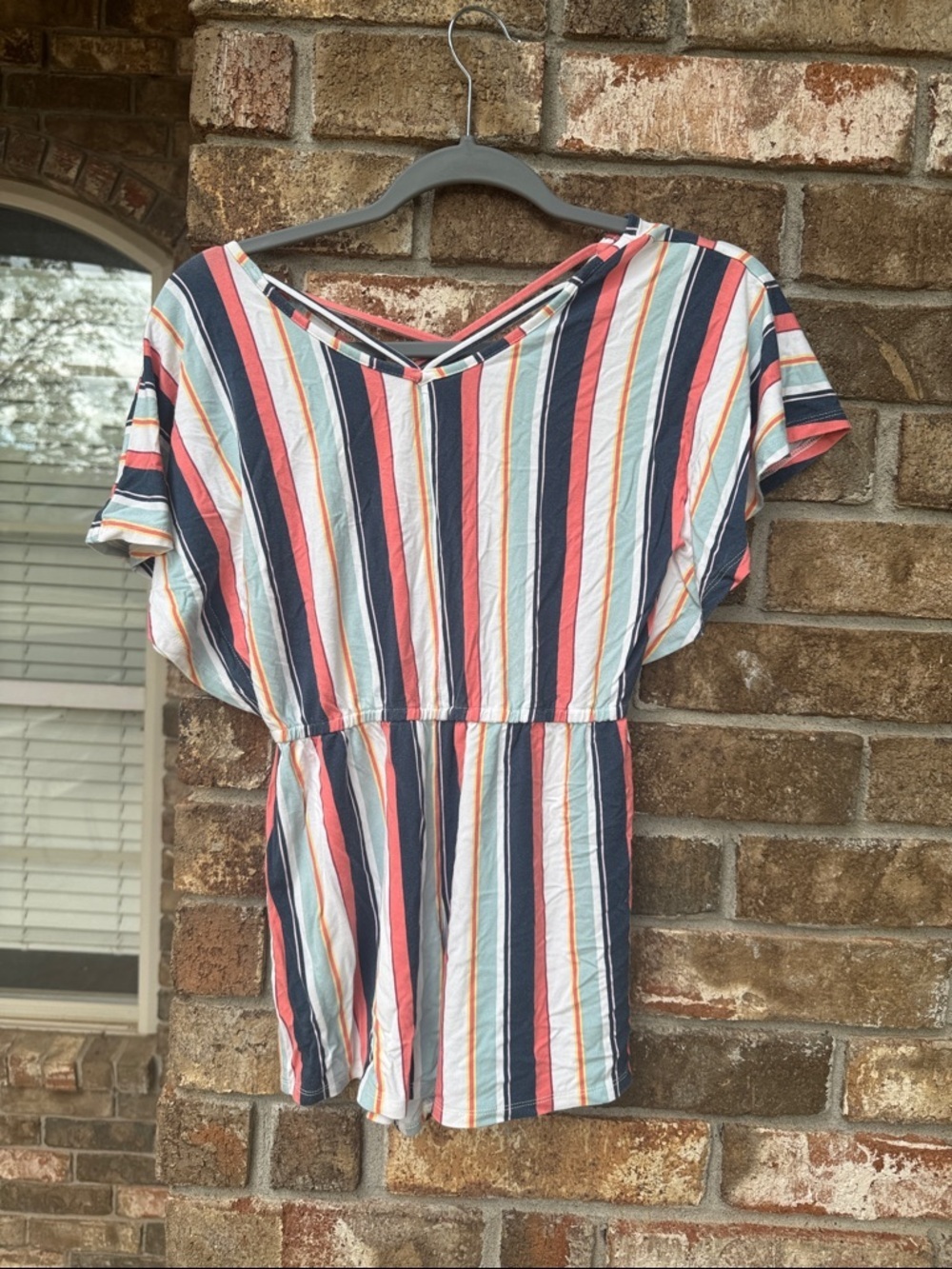 art class Multicolor Striped V-Neck Romper in Coral, Navy & Mint
